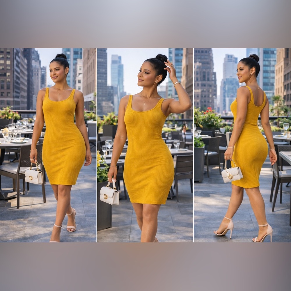 Forever 21 Mustard Ribbed Scoop Midi Dress
